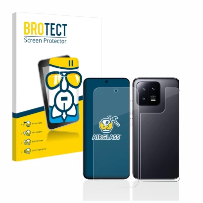 Parte frontal de un envase de producto con el logotipo de la marca BROTECT. Al lado se muestra el dispositivo Xiaomi 13 (Front