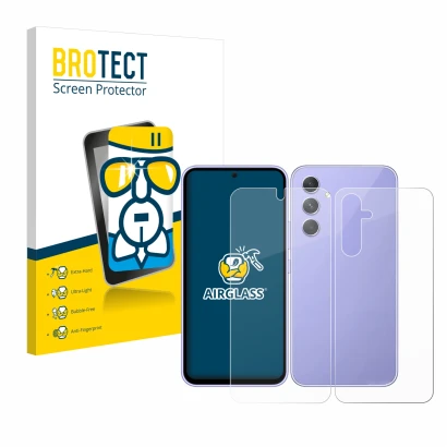 Parte frontal de un envase de producto con el logotipo de la marca BROTECT. Al lado se muestra el dispositivo Samsung Galaxy A
