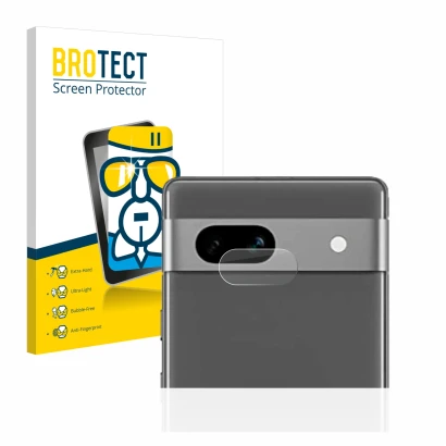 Parte frontal de un envase de producto con el logotipo de la marca BROTECT. Al lado se muestra el dispositivo Google Pixel 7a
