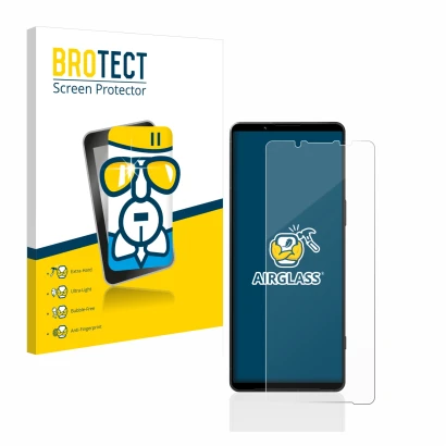 Parte frontal de un envase de producto con el logotipo de la marca BROTECT. Al lado se muestra el dispositivo Sony Xperia 1 V 