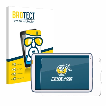 Parte frontal de un envase de producto con el logotipo de la marca BROTECT. Al lado se muestra el dispositivo Zebra ET40 10.1"