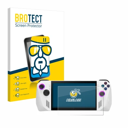 Parte frontal de un envase de producto con el logotipo de la marca BROTECT. Al lado se muestra el dispositivo ASUS ROG Ally (2