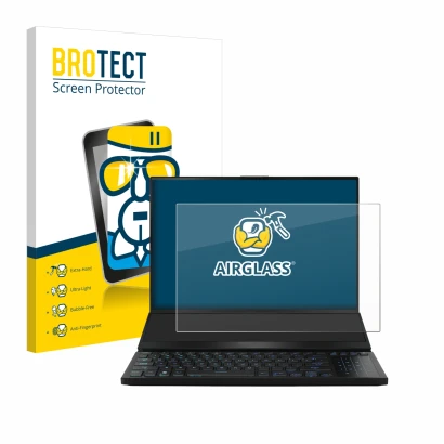 Parte frontal de un envase de producto con el logotipo de la marca BROTECT. Al lado se muestra el dispositivo ASUS ROG Zephyru