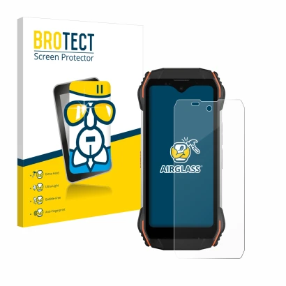 Parte frontal de un envase de producto con el logotipo de la marca BROTECT. Al lado se muestra el dispositivo Blackview N6000 