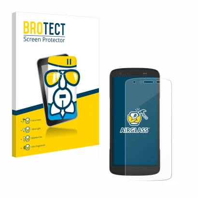 Parte frontal de un envase de producto con el logotipo de la marca BROTECT. Al lado se muestra el dispositivo Zebra TC22 con s