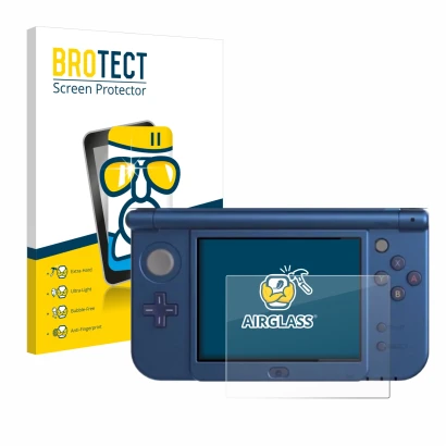 Parte frontal de un envase de producto con el logotipo de la marca BROTECT. Al lado se muestra el dispositivo Nintendo New 3DS