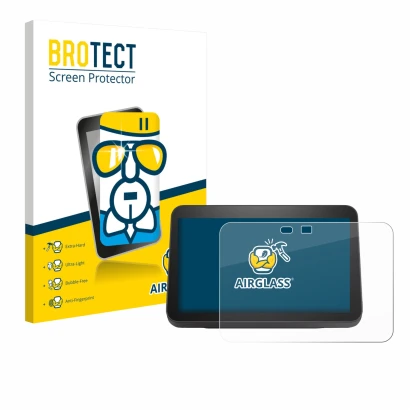 Parte frontal de un envase de producto con el logotipo de la marca BROTECT. Al lado se muestra el dispositivo Amazon Echo Show