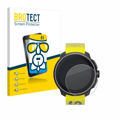 Parte frontal de un envase de producto con el logotipo de la marca BROTECT. Al lado se muestra el dispositivo Suunto Race con 