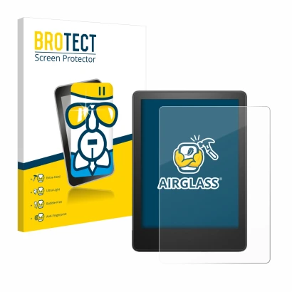 Parte frontal de un envase de producto con el logotipo de la marca BROTECT. Al lado se muestra el dispositivo Amazon Kindle Pa