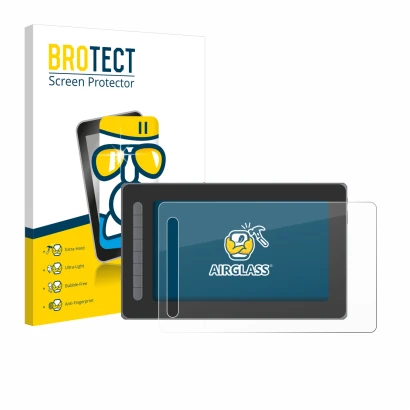 Parte frontal de un envase de producto con el logotipo de la marca BROTECT. Al lado se muestra el dispositivo XP-Pen Artist 12