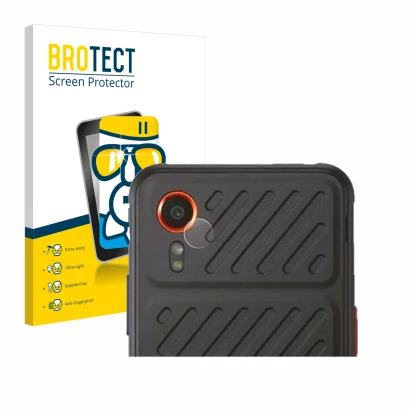 Parte frontal de un envase de producto con el logotipo de la marca BROTECT. Al lado se muestra el dispositivo Samsung Galaxy X