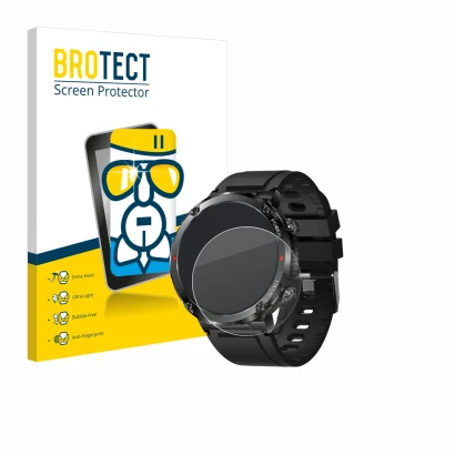 Parte frontal de un envase de producto con el logotipo de la marca BROTECT. Al lado se muestra el dispositivo LIGE Smartwatch