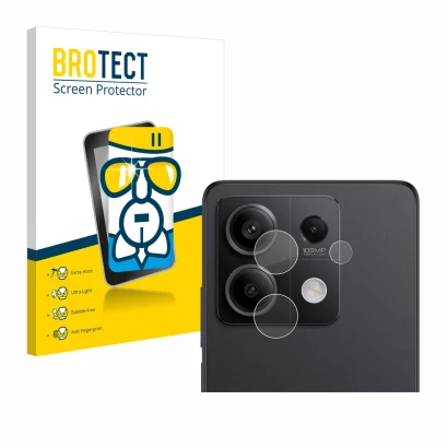 Parte frontal de un envase de producto con el logotipo de la marca BROTECT. Al lado se muestra el dispositivo Xiaomi Redmi Not