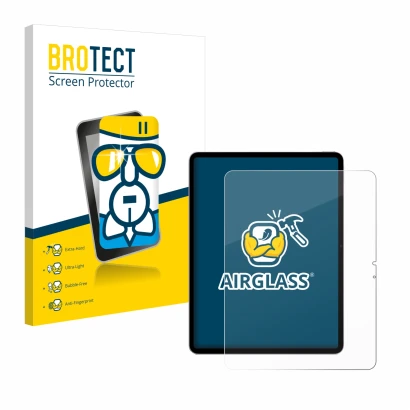 Parte frontal de un envase de producto con el logotipo de la marca BROTECT. Al lado se muestra el dispositivo Apple iPad Air 1