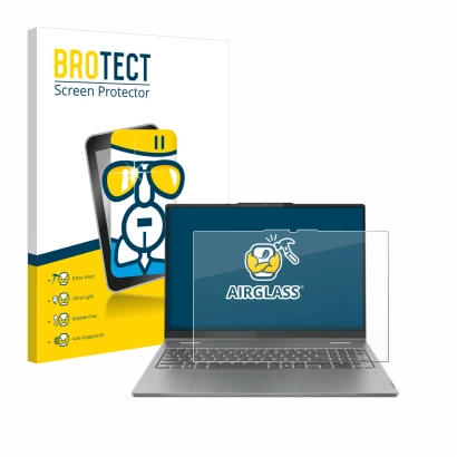 Parte frontal de un envase de producto con el logotipo de la marca BROTECT. Al lado se muestra el dispositivo Lenovo IdeaPad 5