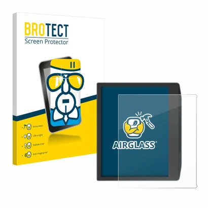 Parte frontal de un envase de producto con el logotipo de la marca BROTECT. Al lado se muestra el dispositivo PocketBook Era C