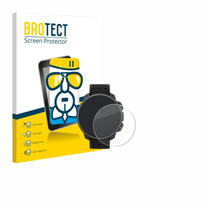 Parte frontal de un envase de producto con el logotipo de la marca BROTECT. Al lado se muestra el dispositivo Suunto Vertical 