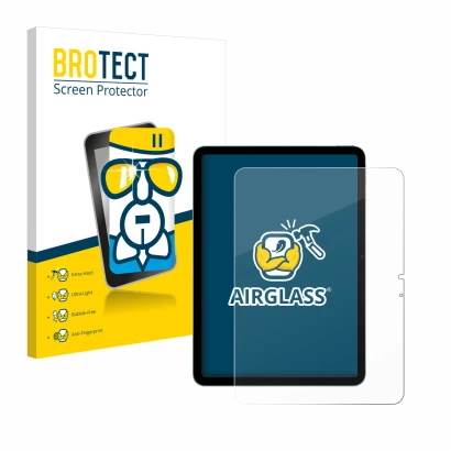 Parte frontal de un envase de producto con el logotipo de la marca BROTECT. Al lado se muestra el dispositivo Apple iPad Air 1