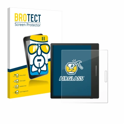 Parte frontal de un envase de producto con el logotipo de la marca BROTECT. Al lado se muestra el dispositivo Boox Go Color 7