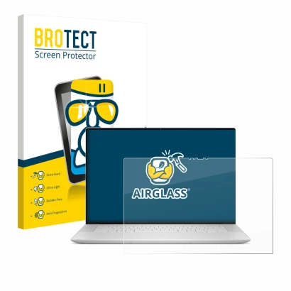 Parte frontal de un envase de producto con el logotipo de la marca BROTECT. Al lado se muestra el dispositivo Dell XPS 16 9640