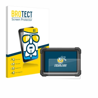 Parte frontal de un envase de producto con el logotipo de la marca BROTECT. Al lado se muestra el dispositivo Launch X-431 Pro