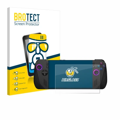 Parte frontal de un envase de producto con el logotipo de la marca BROTECT. Al lado se muestra el dispositivo ASUS ROG Ally X 