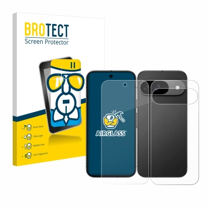 Parte frontal de un envase de producto con el logotipo de la marca BROTECT. Al lado se muestra el dispositivo Google Pixel 9 (