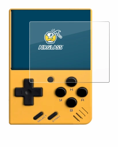 Imagen del dispositivo Miyoo Mini V4 con una amplia variedad de protectores de pantalla.