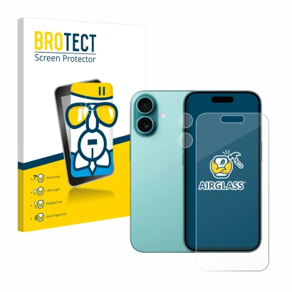 Parte frontal de un envase de producto con el logotipo de la marca BROTECT. Al lado se muestra el dispositivo Apple iPhone 16 