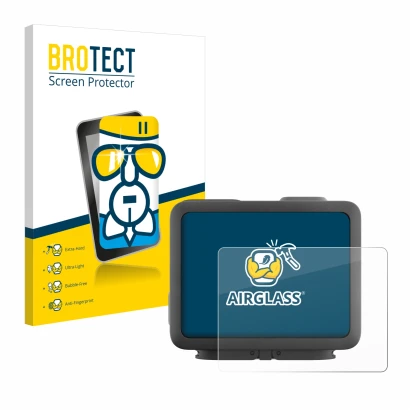 Parte frontal de un envase de producto con el logotipo de la marca BROTECT. Al lado se muestra el dispositivo GoPro Hero 4k co