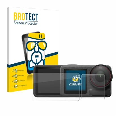 Parte frontal de un envase de producto con el logotipo de la marca BROTECT. Al lado se muestra el dispositivo DJI Osmo Action