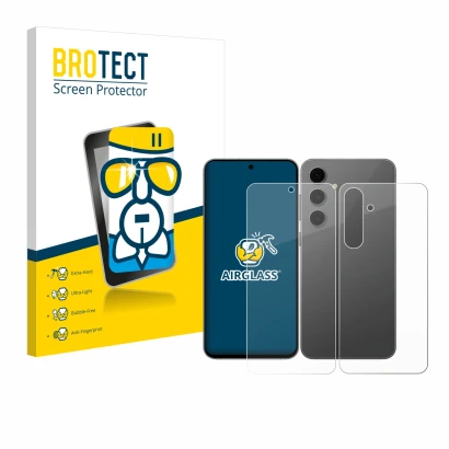 Parte frontal de un envase de producto con el logotipo de la marca BROTECT. Al lado se muestra el dispositivo Samsung Galaxy S
