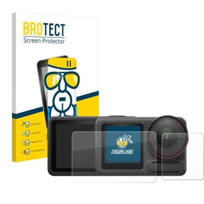 Parte frontal de un envase de producto con el logotipo de la marca BROTECT. Al lado se muestra el dispositivo DJI Osmo Action 