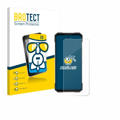 Parte frontal de un envase de producto con el logotipo de la marca BROTECT. Al lado se muestra el dispositivo Doogee S200 con 