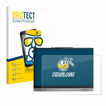 Parte frontal de un envase de producto con el logotipo de la marca BROTECT. Al lado se muestra el dispositivo Lenovo IdeaPad 5