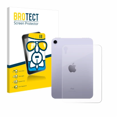 Parte frontal de un envase de producto con el logotipo de la marca BROTECT. Al lado se muestra el dispositivo Apple iPad Mini 