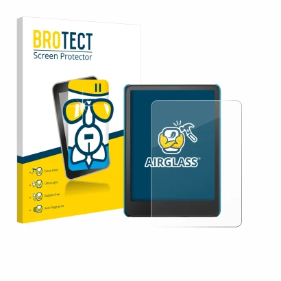 Parte frontal de un envase de producto con el logotipo de la marca BROTECT. Al lado se muestra el dispositivo Amazon Kindle Pa