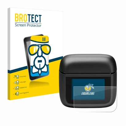 Parte frontal de un envase de producto con el logotipo de la marca BROTECT. Al lado se muestra el dispositivo JBL Tour Pro 3 c