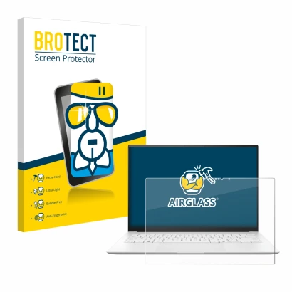 Parte frontal de un envase de producto con el logotipo de la marca BROTECT. Al lado se muestra el dispositivo ASUS ZenBook S 1