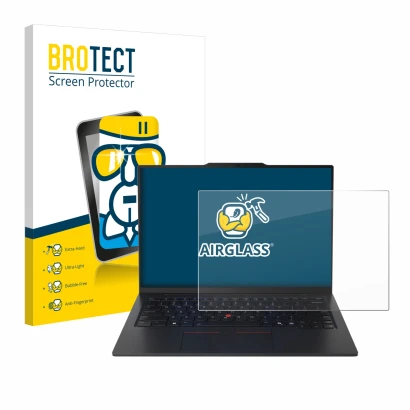 Parte frontal de un envase de producto con el logotipo de la marca BROTECT. Al lado se muestra el dispositivo Lenovo ThinkPad 