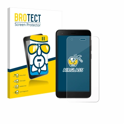 Parte frontal de un envase de producto con el logotipo de la marca BROTECT. Al lado se muestra el dispositivo ZTE Blade A35 li