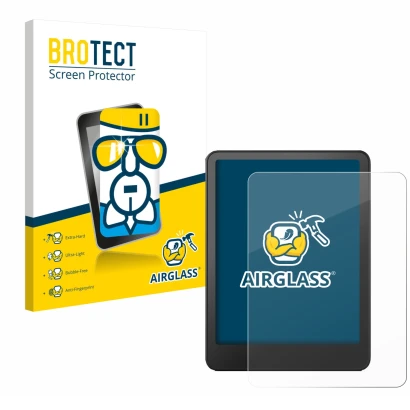 Parte frontal de un envase de producto con el logotipo de la marca BROTECT. Al lado se muestra el dispositivo Amazon Kindle Pa