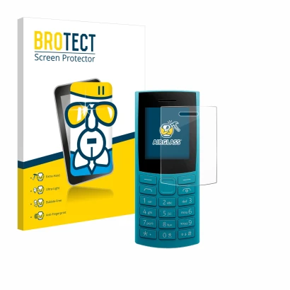 Parte frontal de un envase de producto con el logotipo de la marca BROTECT. Al lado se muestra el dispositivo Nokia 105 4G 2nd