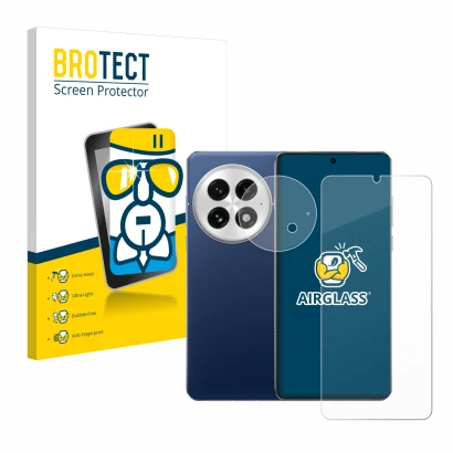 Parte frontal de un envase de producto con el logotipo de la marca BROTECT. Al lado se muestra el dispositivo OnePlus 13 (Fron