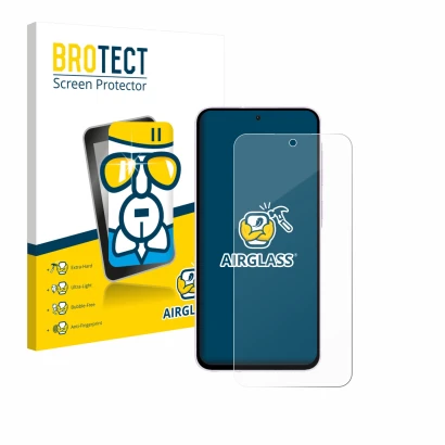 Parte frontal de un envase de producto con el logotipo de la marca BROTECT. Al lado se muestra el dispositivo Samsung Galaxy A