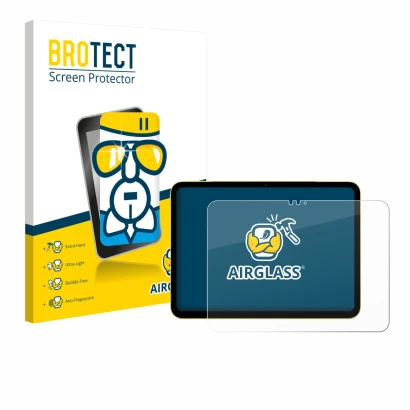 Parte frontal de un envase de producto con el logotipo de la marca BROTECT. Al lado se muestra el dispositivo Apple iPad Air 1