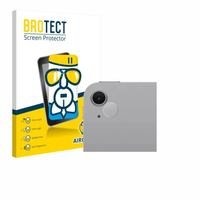 Parte frontal de un envase de producto con el logotipo de la marca BROTECT. Al lado se muestra el dispositivo Apple iPad Air 1