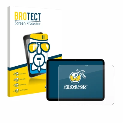 Parte frontal de un envase de producto con el logotipo de la marca BROTECT. Al lado se muestra el dispositivo Apple iPad A16 1