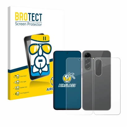 Parte frontal de un envase de producto con el logotipo de la marca BROTECT. Al lado se muestra el dispositivo Samsung Galaxy A