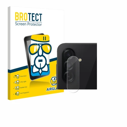 Parte frontal de un envase de producto con el logotipo de la marca BROTECT. Al lado se muestra el dispositivo Samsung Galaxy A